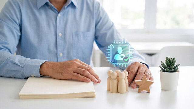 Artificial intelligence talent selection and employee rating. Recruiter with wooden figure, star token and AI chip hologram approving top candidate profile for hiring, promotion and human resource pla