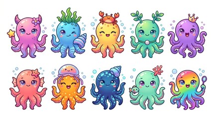 Fototapeta premium Colorful cartoon octopus characters with cute faces