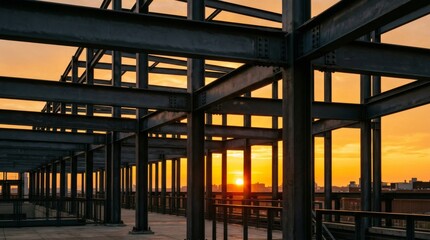 Obraz premium Steel framework of urban building under construction at sunset