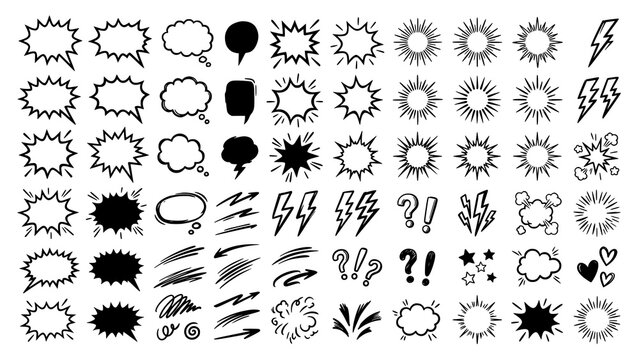 Collection of hand drawn comic book speech bubbles and action graphic elements