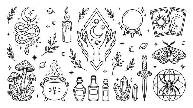 Collection of mystical esoteric elements for witchcraft and occult magic design projects