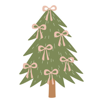 Christmas tree vector with pink bow ribbon elements, vintage flirty coquette fir style for winter greeting postcard, festive gift wrap and sticker design