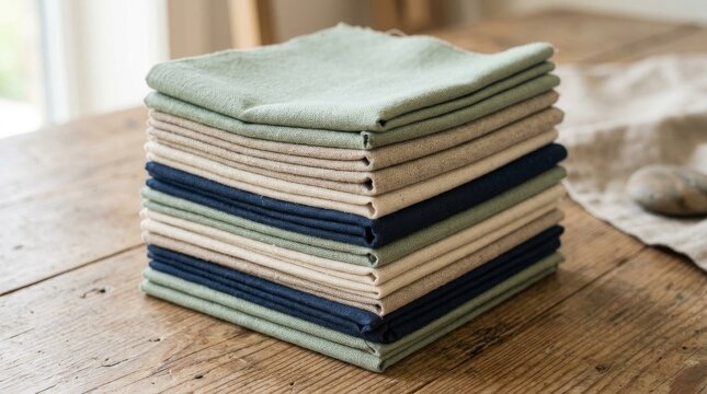Stack of folded cotton fabric napkins in neutral and earthy tones on wood table