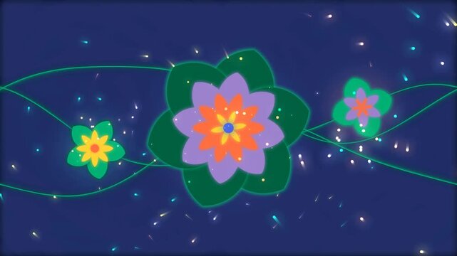 Colorful lotus flowers with green vines on a dark blue starry night background 4k Motion Video