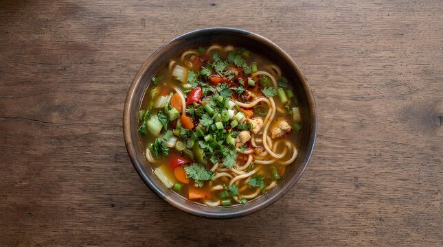 Thukpa traditional Tibetan noodle soup with vegetables and chili oil overhead view