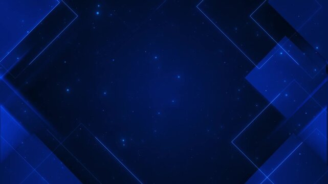 Layered navy rectangles bright blue edges deep central copy area tiny particles drift scene. corporate presentations, 19 titles, business advertising, product displays, website banners intros