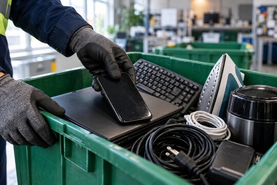 Recolecci&oacute;n de dispositivos electr&oacute;nicos en un lugar de reciclaje en un entorno urbano