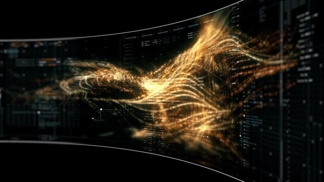 Abstract particle motion with vibrant colors, digital flowing particles, VR, futuristic sci-fi, tech innovation, and immersive cyber space background