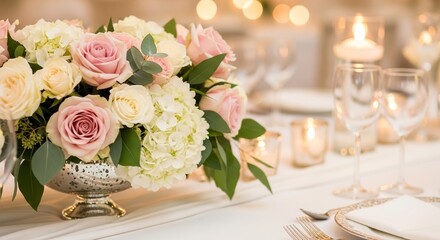 Obraz premium Elegant flower arrangement in silver vase at beautifully decorated table. Soft pink and white roses with green leaves create lovely centerpiece for romantic event.