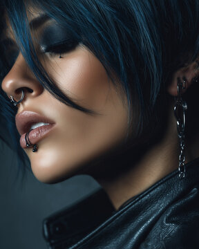 Young woman with dark makeup and facial piercings in studio