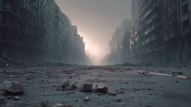Ruined city street with debris in dark postwar landscape