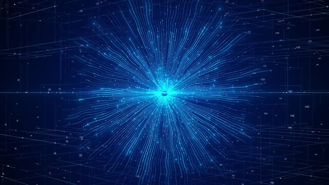 Bright data lines expand central core charts, figures technical grids blue background. big data, analytics, artificial intelligence, finance, cloud computing, scientific research digital presentations