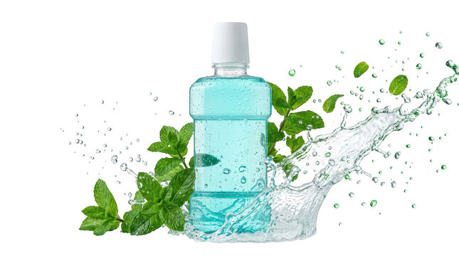 Mouthwash bottle with mint leaves and water splash isolated on transparent background