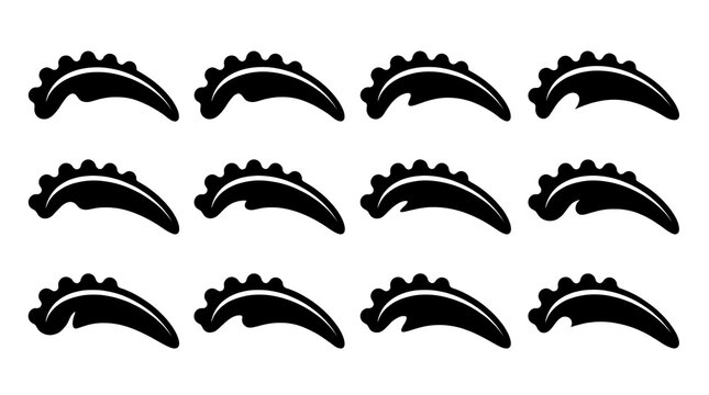 Black decorative wave icons set, 12 abstract curved graphic elements, minimalist silhouette crest shapes on white background