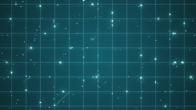 Luminous star points scatter across a precise teal coordinate grid with glowing intersections.