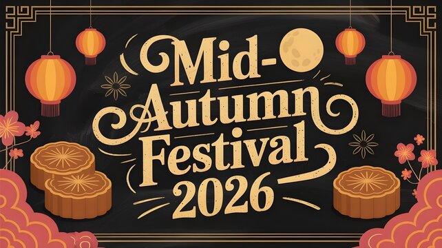 Midautumn festival 2026 greeting card design with traditional mooncakes, glowing lanterns, and full moon on a dark chalkboard background with decorative floral elements and chinese style border