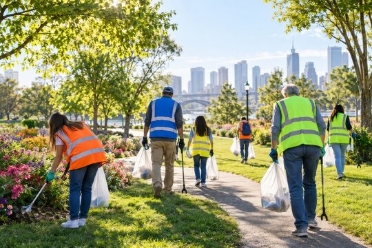Grupo de personas limpiando un parque en la ciudad mientras trabajan en una actividad comunitaria