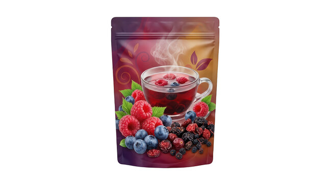 Berry tea pouch packaging design with fresh raspberries and blueberries isolated on transparent background
