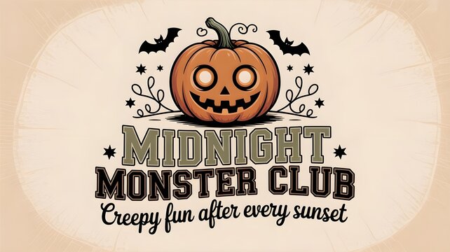 Halloween emblem with a cute jackolantern pumpkin, bats, and stars, featuring the text midnight monster club and the slogan creepy fun after every sunset, vintage style vector illustration