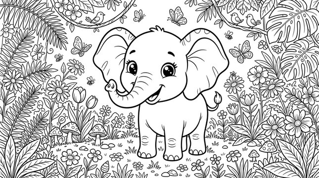 Cute baby elephant in a magical jungle garden with flowers, butterflies, and birds, black and white coloring page for kids