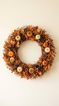 Autumn harvest wreath with miniature pumpkins and dried foliage details.