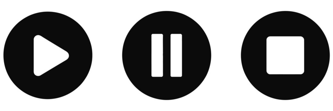 Play Pause Stop Icon Set, Media Control UI Buttons for Audio, Video, Music Players, Recording, Web Apps, and Streaming