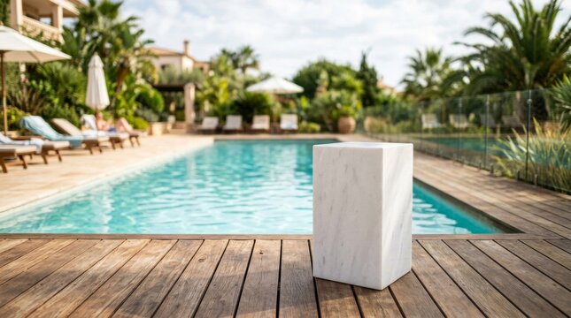 White marble pedestal on a wooden pool deck for product presentation