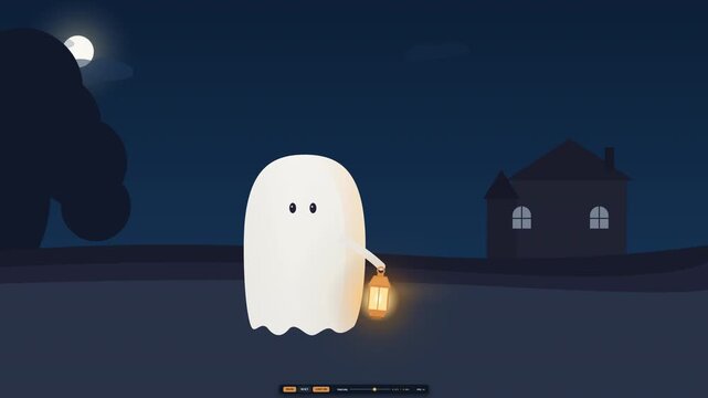 Cute ghost holding a glowing lantern walking in the dark night landscape under the moon with a haunted house background