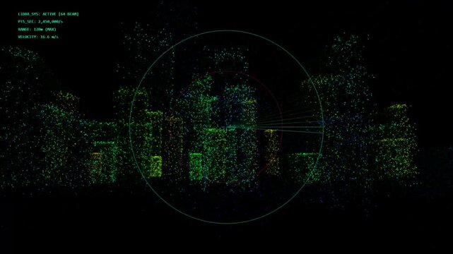 Futuristic digital city skyline rendered as a glowing 3d point cloud radar scan with data interface overlays and particle lights on a dark black background for technology concepts 4k Motion Video