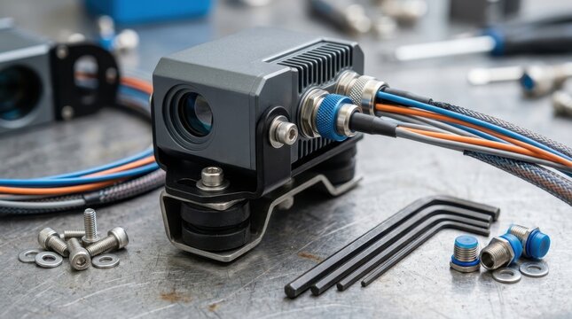 Lidar sensor housing with fiber optic cables, vibration isolators, mounting brackets and hex keys arranged on a steel workbench