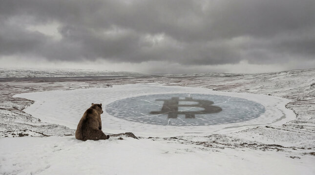 Bear sits in snowy wilderness observing icy landscape featuring bitcoin symbol, representing the crypto winter and market conditions. Image made using Generative AI.