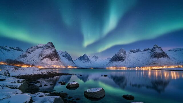 Northern Lights dancing above a serene winter landscape with mirrored reflections on water