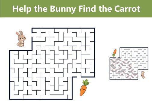 Cute cartoon bunny navigating a fun maze puzzle on a white background. Its a delightful childrens activity for developing problem-solving skills.