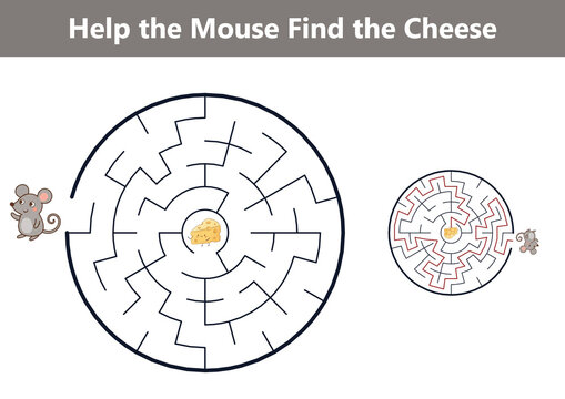 Help the mouse find the cheese in round maze. Kids labyrinth puzzle game with cute cartoon mouse character and answer solution.