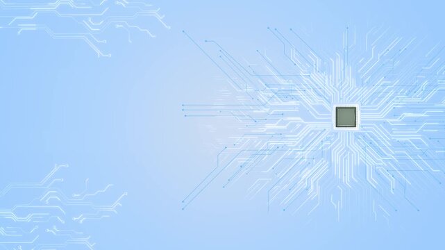 Processor sends fine blue circuit lines soft pastel 19 background open space on the left. artificial intelligence, semiconductor engineering, computing, electronics, product showcases business
