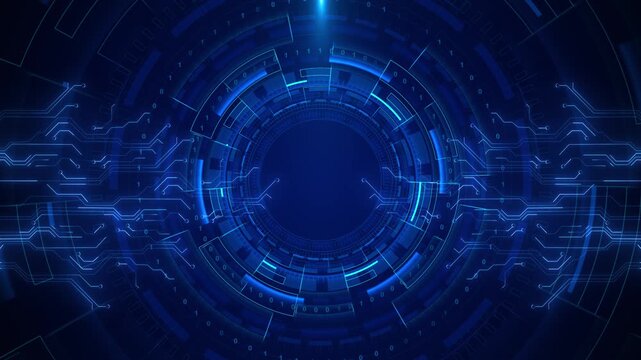Circular interface rotates electronic code navy technology scene. machine learning, network security, cloud computing, system dashboards, business reports, innovation films futuristic logo reveals.