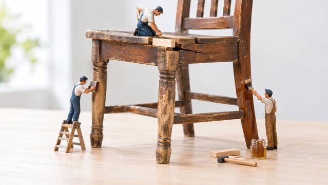 Reparaci&oacute;n de una silla con figuras de personas peque&ntilde;as en acci&oacute;n