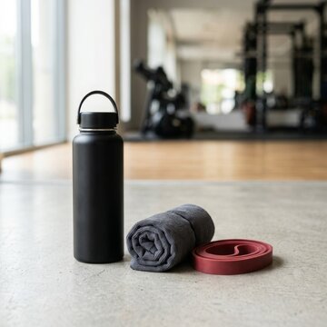 Gym Workout Gear On Floor With Water Bottle