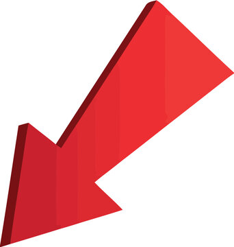 Red three dimensional downward pointing arrow icon with direction dimensional business decrease movement indicator illustration navigation pointing analysis statistics negative isolated