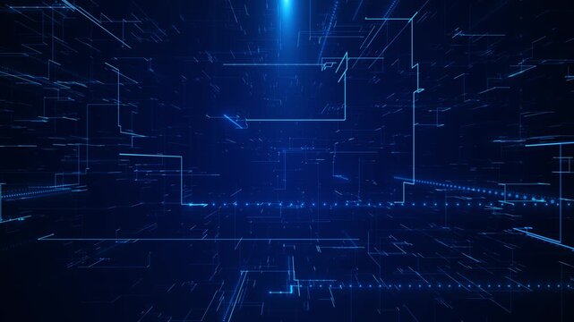 Blue circuit paths digital corridor, speed futuristic network motion. cybersecurity, cloud computing, data transfer, internet infrastructure, software openers, gaming visuals technology presentations.