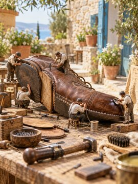 Un grupo de trabajadores artesanales est&aacute; reparando un zapato de cuero en un taller al aire libre al lado de una casa
