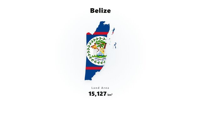 Animated silhouette map of Belize filled with national flag colors and featuring rotating circular national emblem on clean white background for travel, education, and political themes