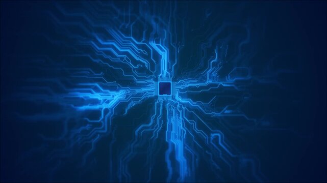 A glowing processor blue circuit traces motherboard surface. artificial intelligence, computer hardware, semiconductor technology, data processing, cybersecurity, electronics innovation presentations.