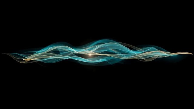 Abstract turquoise and golden flowing light waves forming layered luminous ribbons against a black background