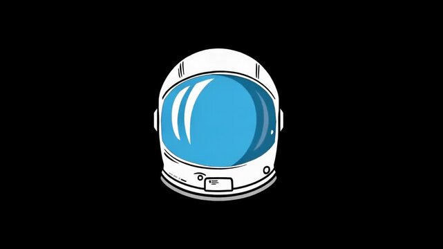 Animated white space helmet with a bright blue reflective visor isolated against a black background in a clean minimalist graphic