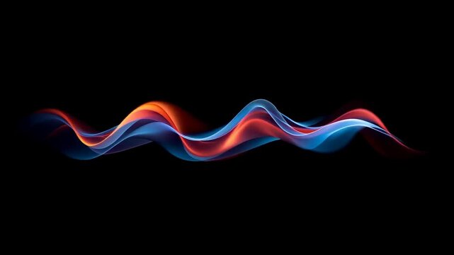 Abstract red, orange, and blue flowing wave ribbons undulate across a black background in a sleek digital motion graphic