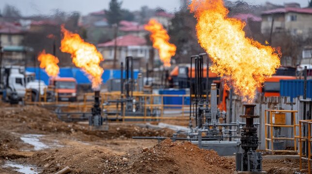 Flaring brightly, natural gas is burned off at this industrial site, showcasing the energy industry and its use of gas flare technology