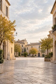Vista de una plaza en un pueblo antiguo con &aacute;rboles y edificios de piedra en un d&iacute;a nublado