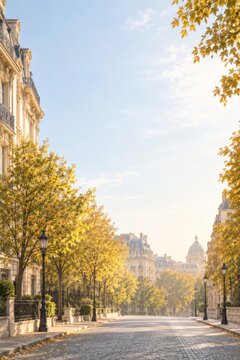 Vista de una calle en Par&iacute;s con &aacute;rboles y edificios durante el oto&ntilde;o