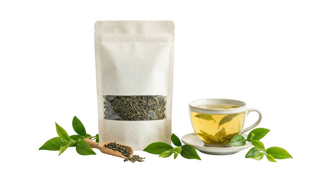 Green tea leaves in a pouch and a cup of tea isolated on transparent background